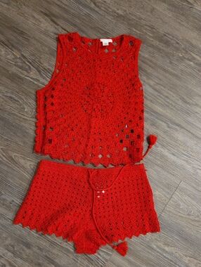 H&M Bright Red Crochet Two-Piece Swim Coverup Set